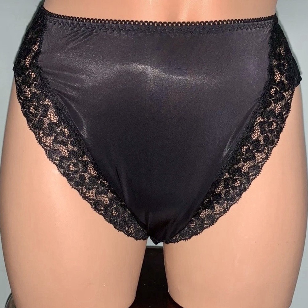 NEW! 89371 VTG Wacoal Nylon Hi Cut Panty Brief Lace Trim Bodysuede Black Sz 8 XL